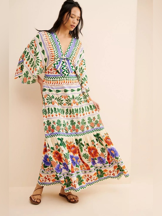 FARM Rio Dresses & Skirts - FARM Rio for Anthropologie Printed V-Neck Kaftan Maxi Cut-Out Dress Size Small